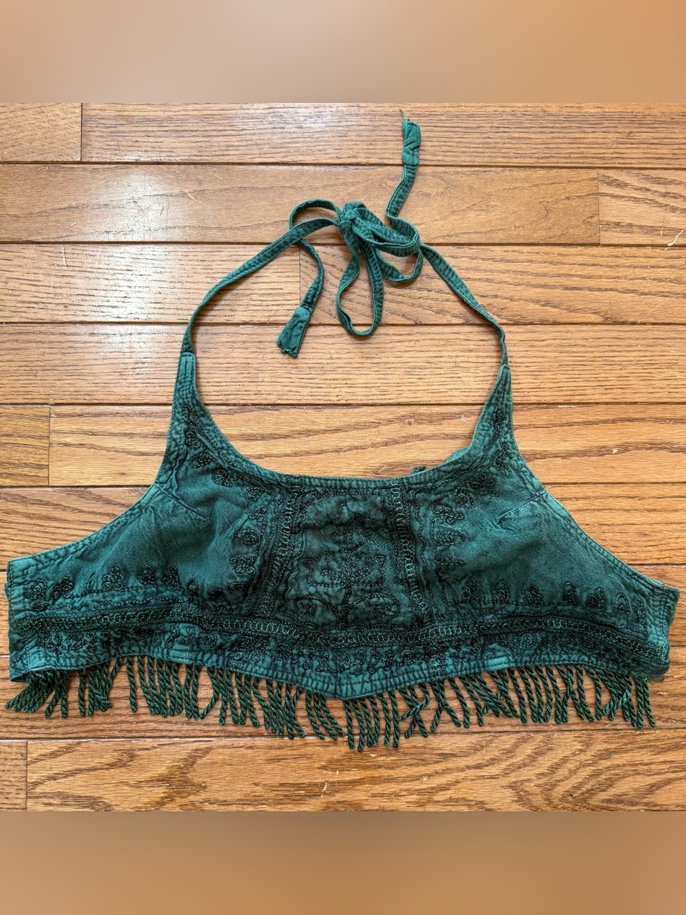 Vintage Emerald Green Embroidered Halter Festival Crop Top with Fringe